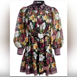 Alice + Olivia Black Floral Mini Dress with White, Yellow & Pink Blooms